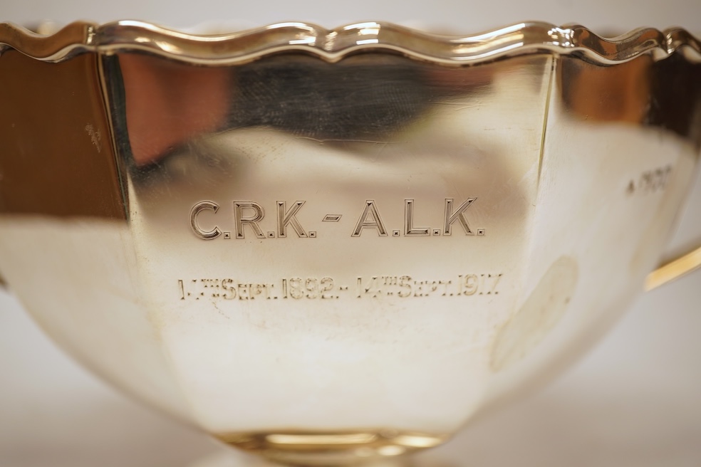 An Edwardian silver two handled pedestal presentation bowl, by Horace Woodward & Co, London, 1980, with later engraved inscription, height 12.7cm, 15.9oz.